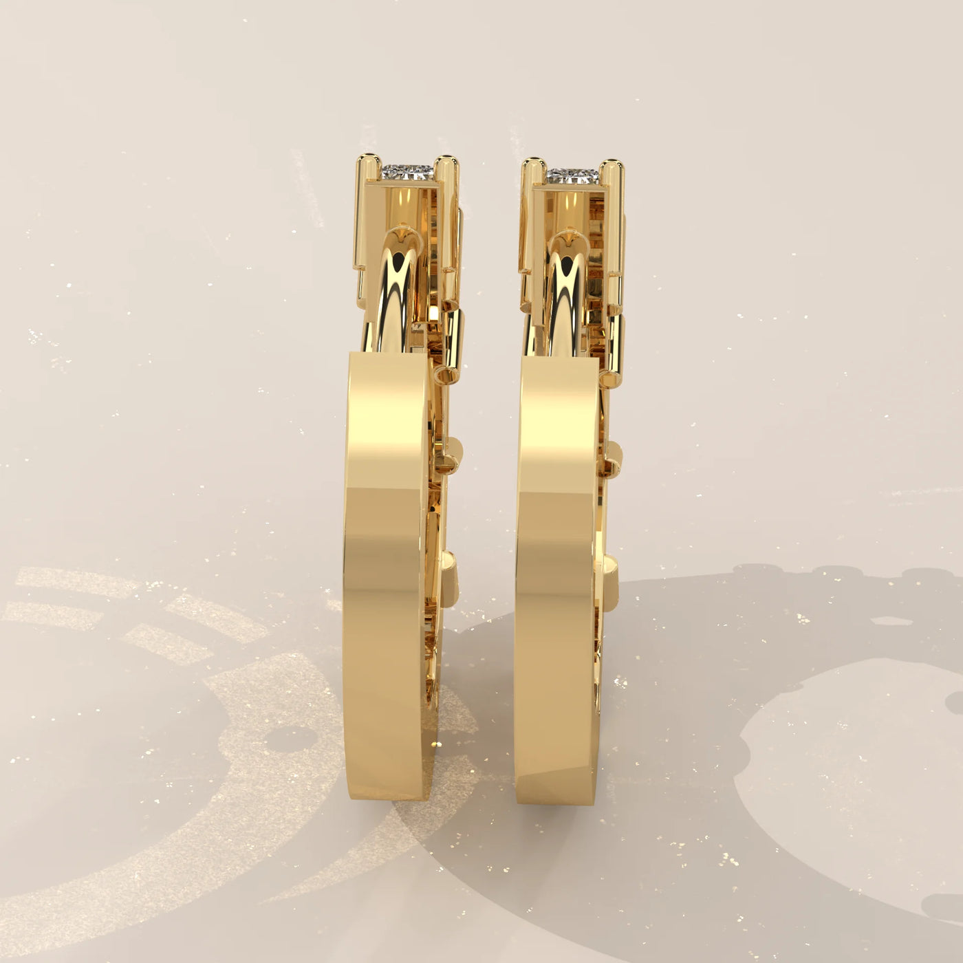 Back View: Baguette Diamond Huggie Hoop Earrings with Prong Setting in Yellow Gold – Lab Grown – Driona Jewels