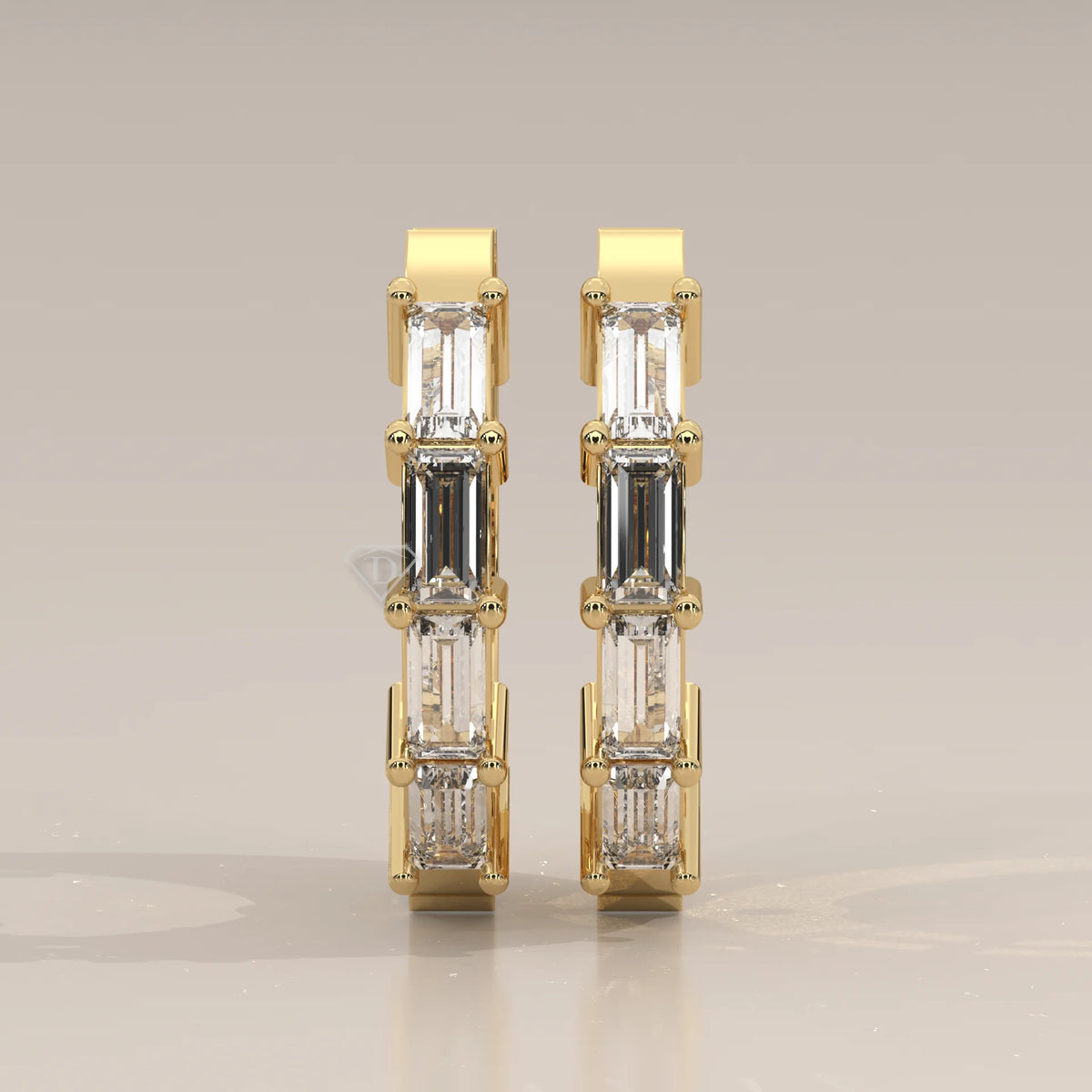 Front View: Baguette Diamond Huggie Hoop Earrings with Prong Setting in Yellow Gold – Lab Grown – Driona Jewels