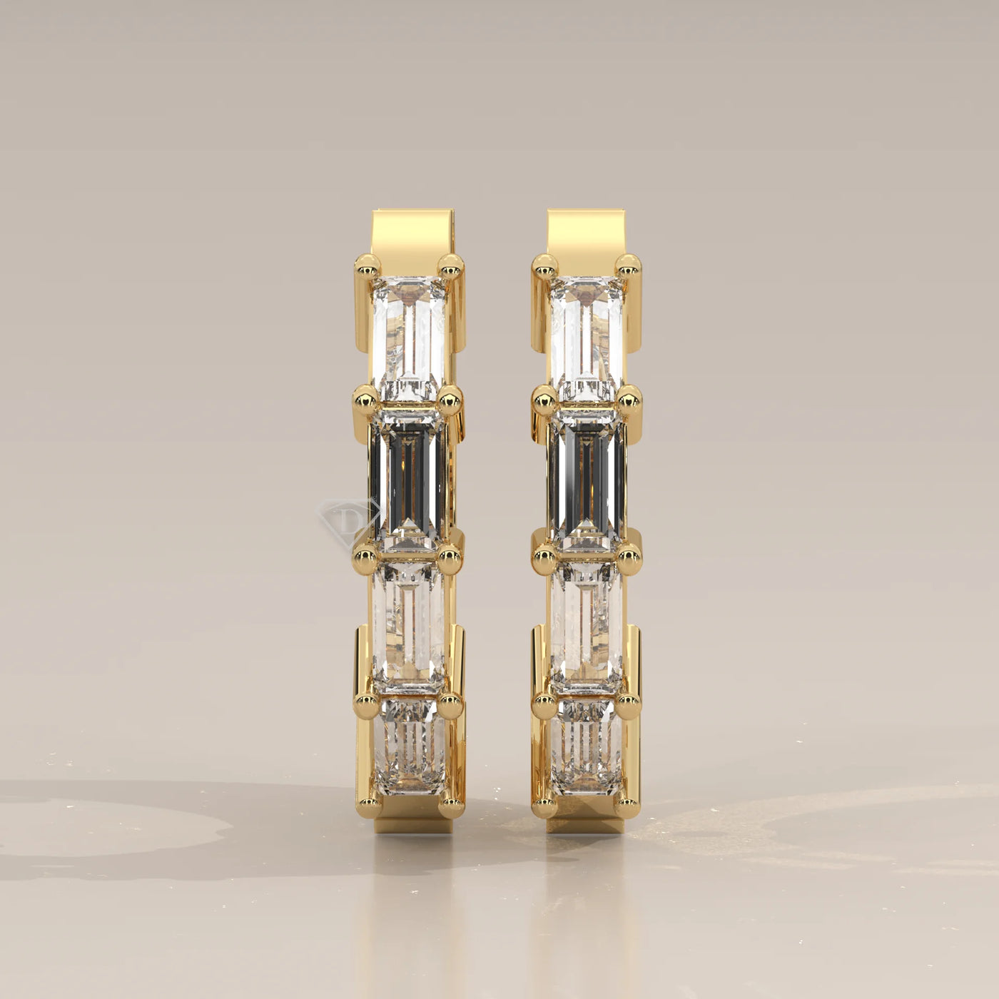 Front View: Baguette Diamond Huggie Hoop Earrings with Prong Setting in Yellow Gold – Lab Grown – Driona Jewels