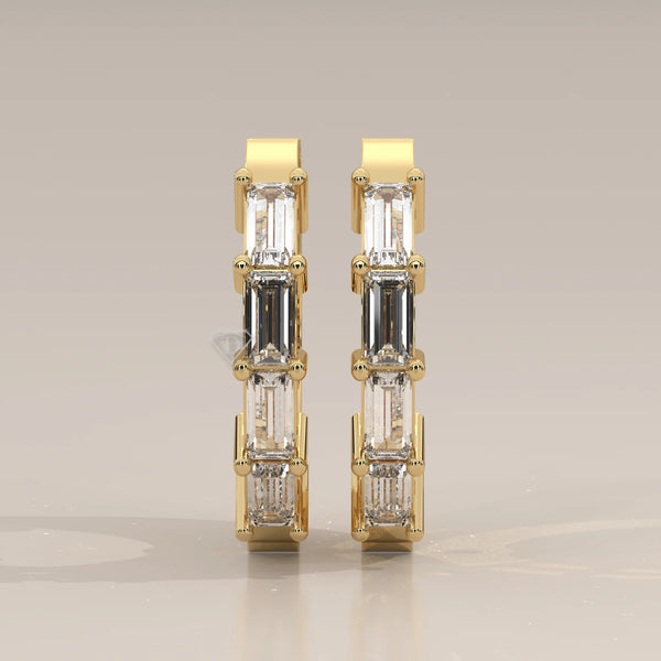 Front View: Baguette Diamond Huggie Hoop Earrings with Prong Setting in Yellow Gold – Lab Grown – Driona Jewels