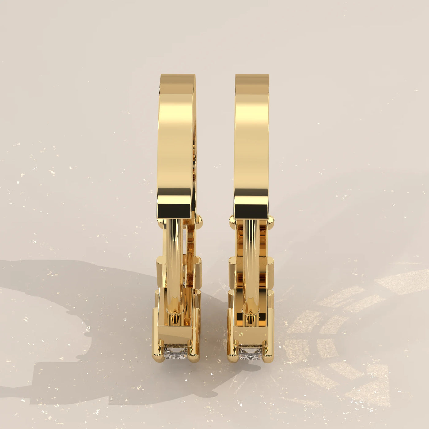 Side Profile: Baguette Diamond Huggie Hoop Earrings with Prong Setting in Yellow Gold – Lab Grown – Driona Jewels