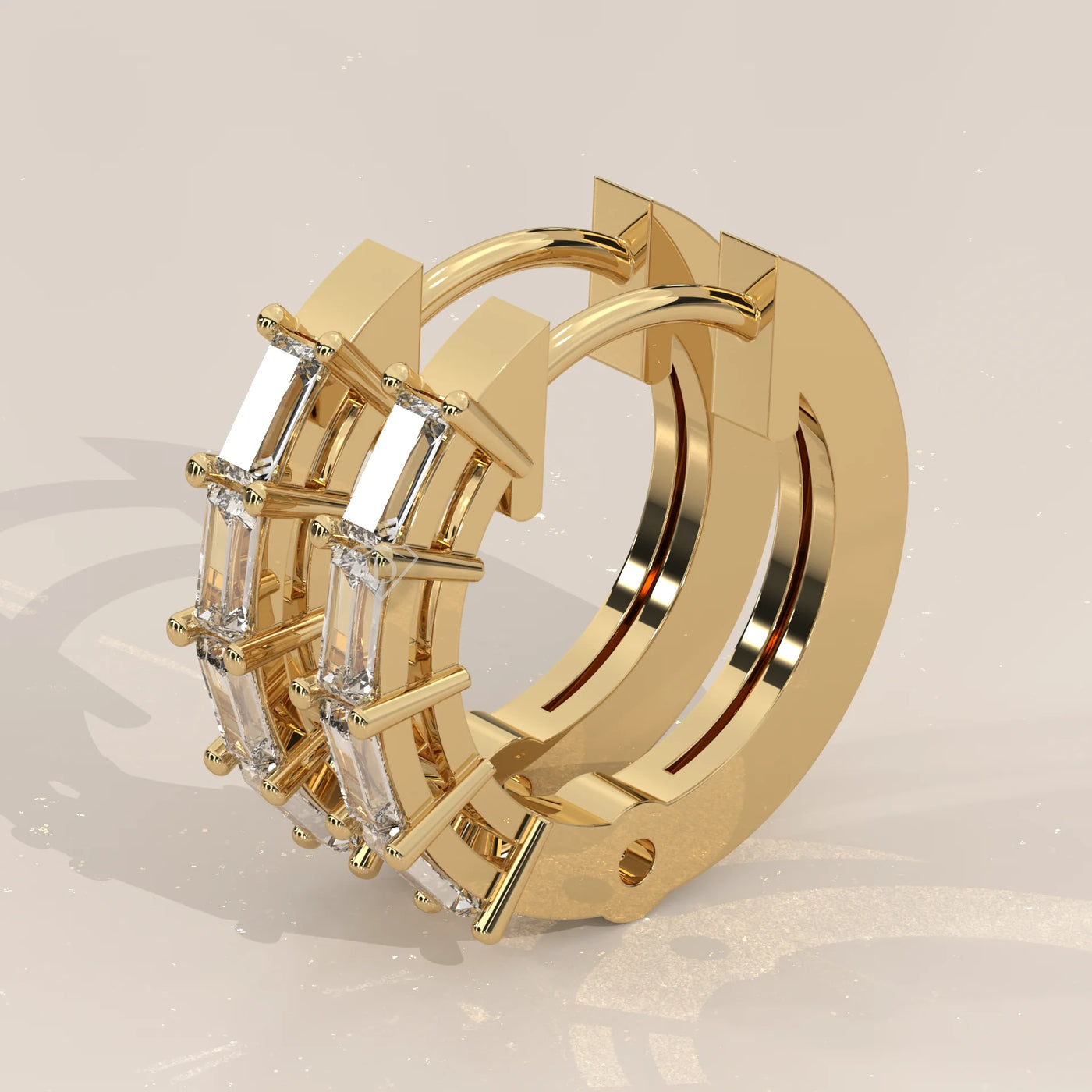 Three-Quarter View: Baguette Diamond Huggie Hoop Earrings with Prong Setting in Yellow Gold – Lab Grown – Driona Jewels