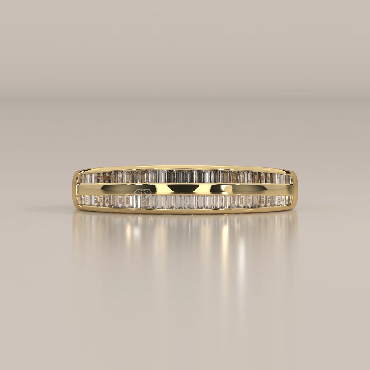 A channel-set gold band with two rows of baguette diamonds.