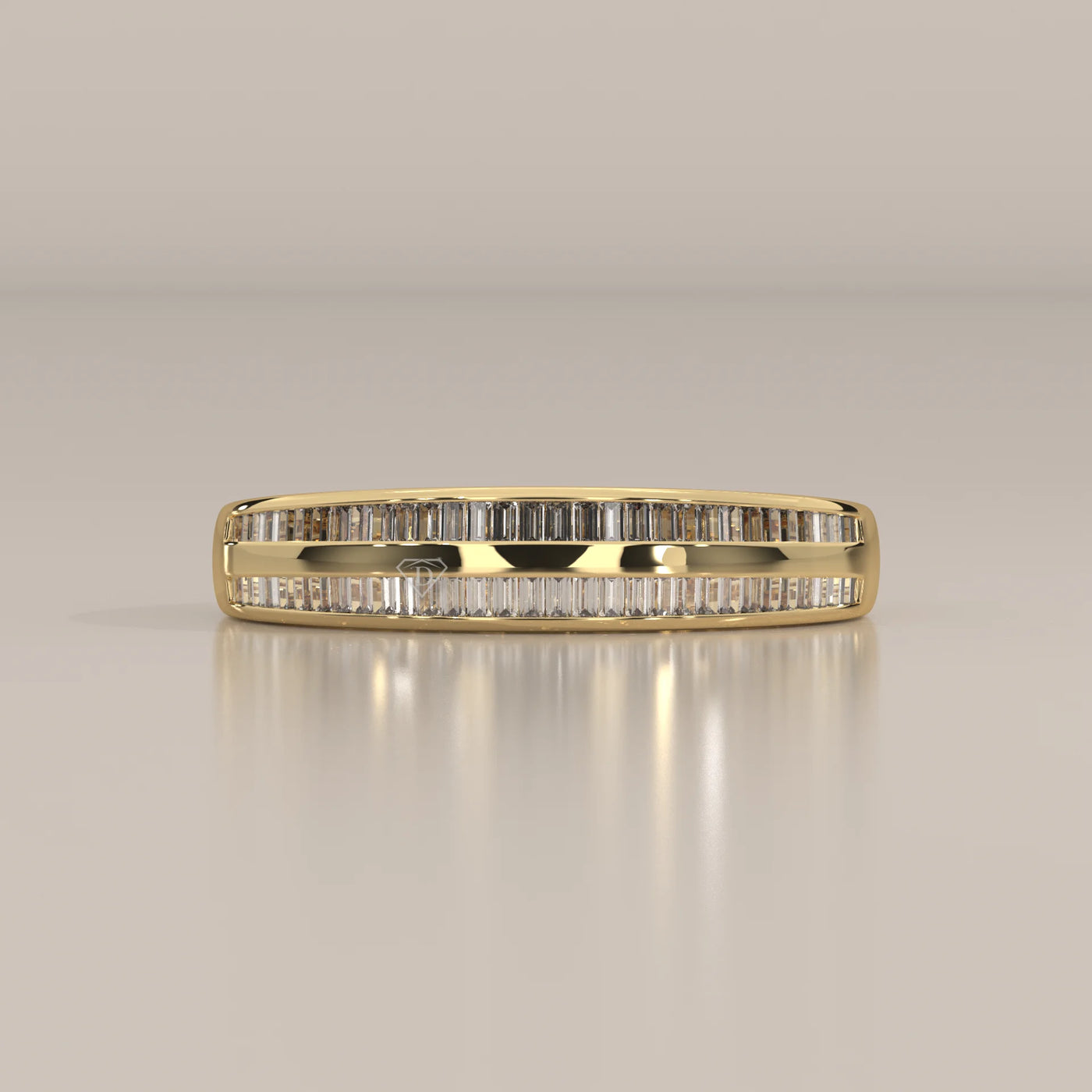 A channel-set gold band with two rows of baguette diamonds.