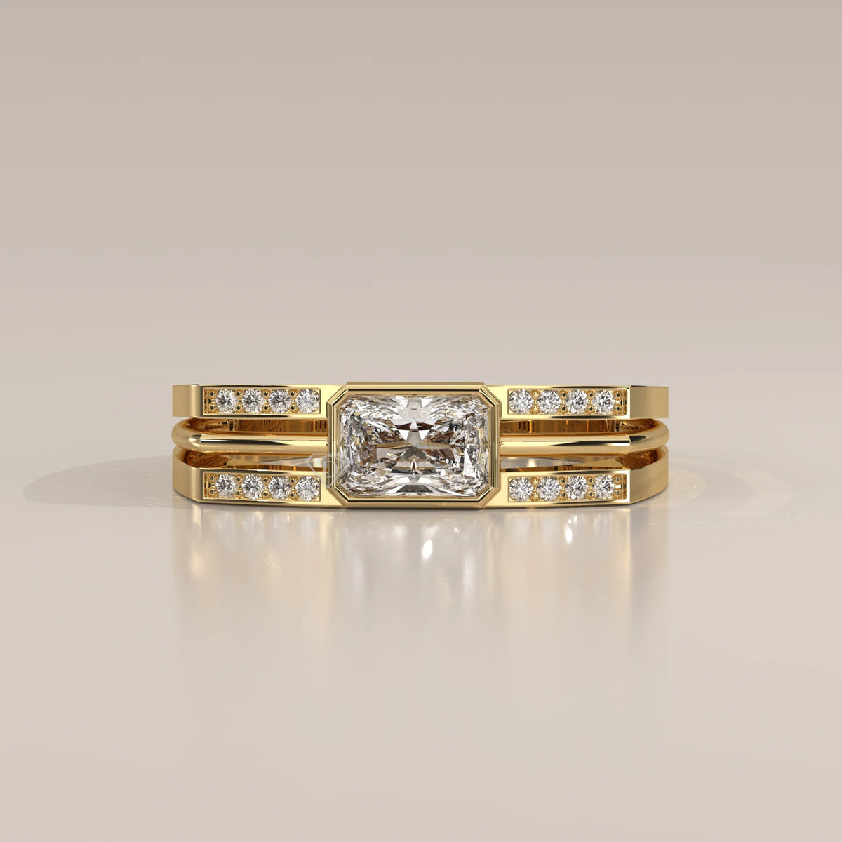 Radiant Lab Grown Diamond East West Bezel Ring with Split Rails in yellow gold, photographed head-on.