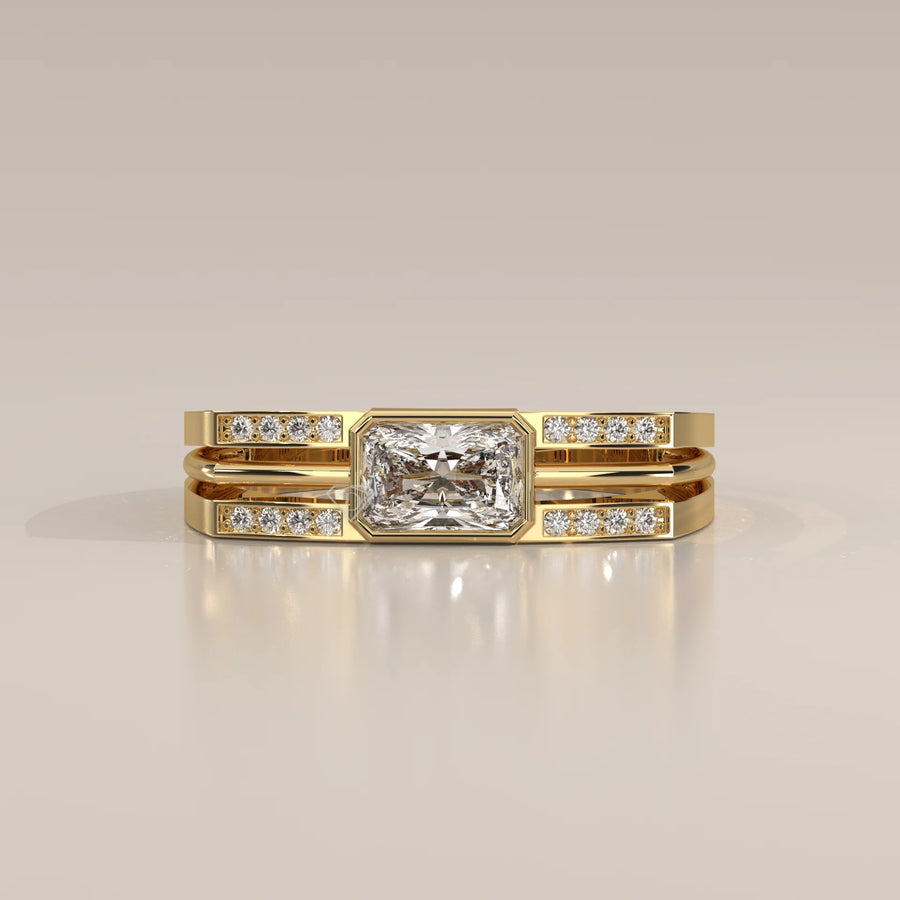 Radiant Lab Grown Diamond East West Bezel Ring with Split Rails in yellow gold, photographed head-on.