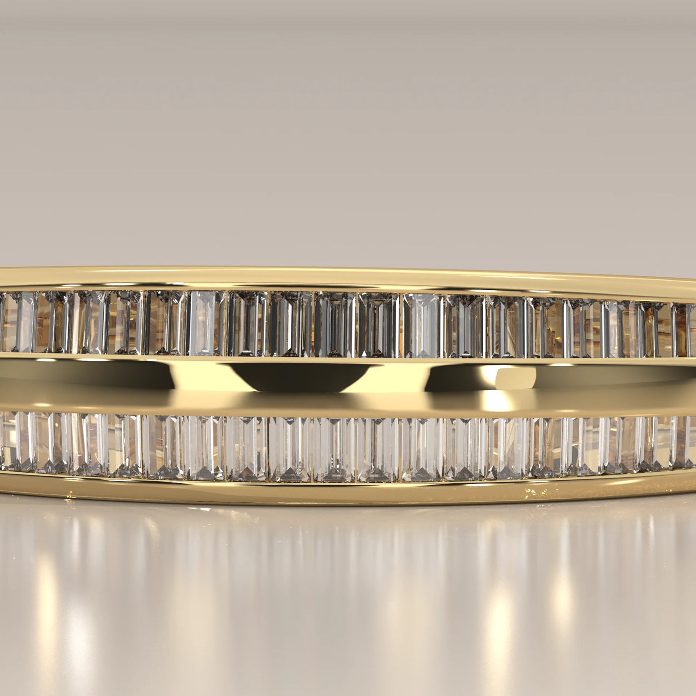 A 14k yellow gold band ring with two rows of baguette-cut diamonds.