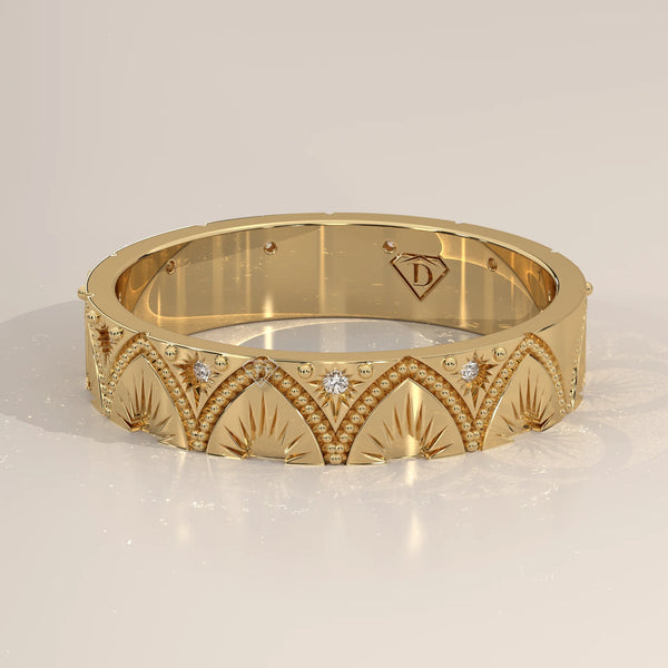 Round Lab Grown Diamond Art Deco Arch Band with Engraved Fan Rays in yellow gold, shown at an angle.