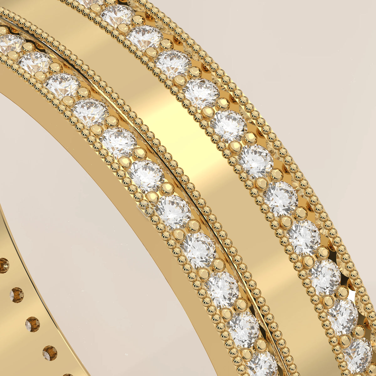 Round Lab Grown Diamond Double Row Pave Band with Milgrain Edges in yellow gold, shown in close-up.