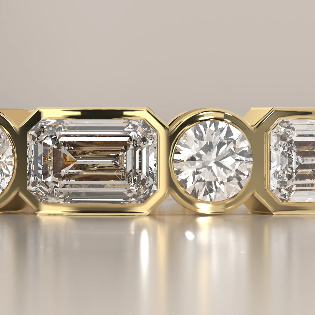Emerald and Round Lab Grown Diamond Bezel Set Eternity Band in yellow gold, front view on a plain background.