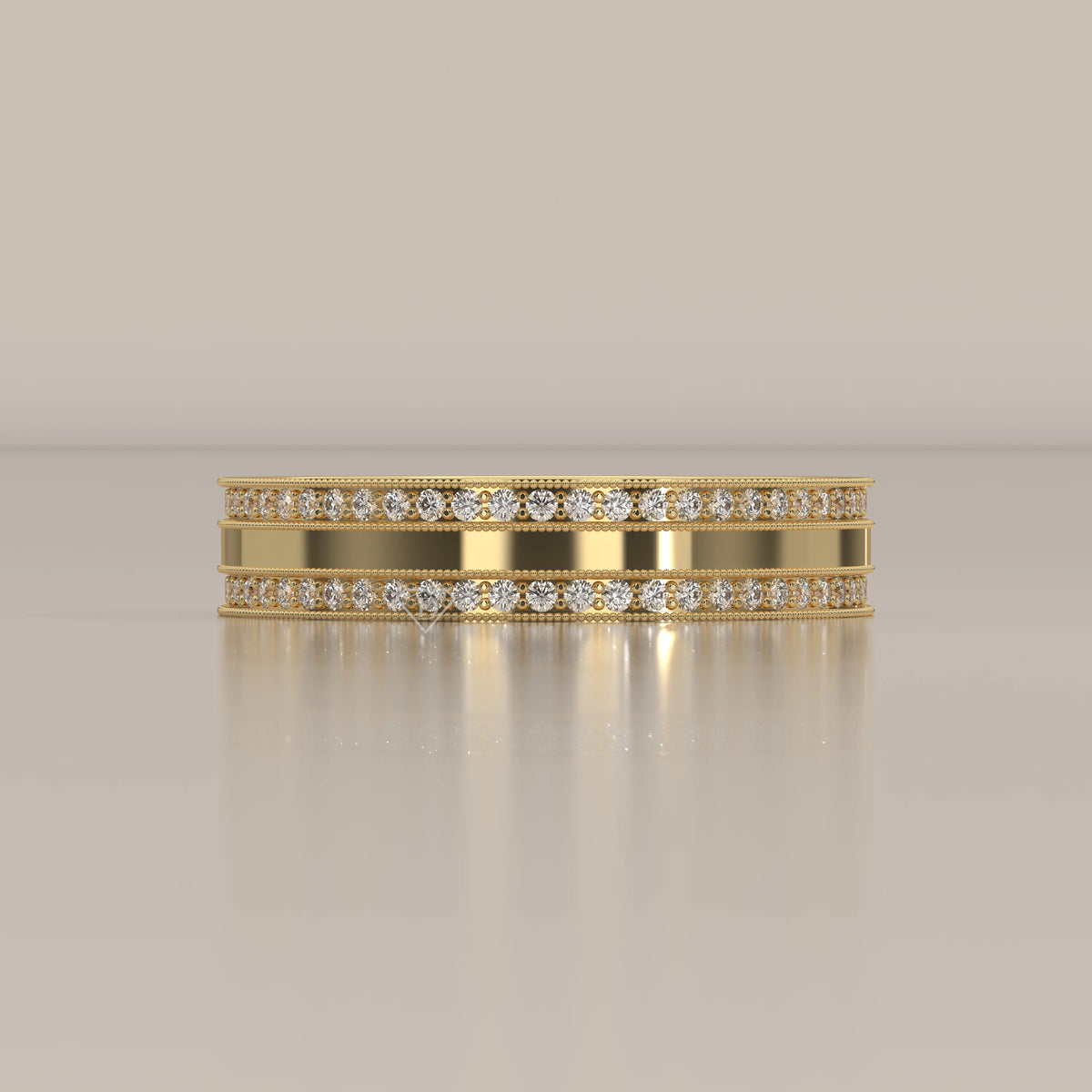 Round Lab Grown Diamond Double Row Pave Band with Milgrain Edges in yellow gold, shown from the front.