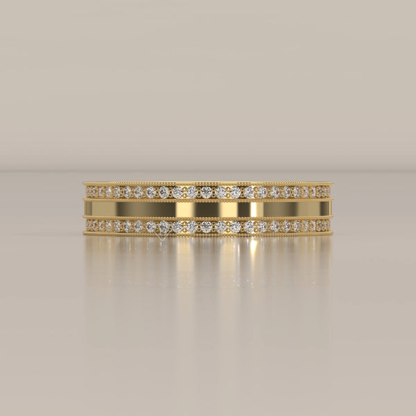 Round Lab Grown Diamond Double Row Pave Band with Milgrain Edges in yellow gold, shown from the front.