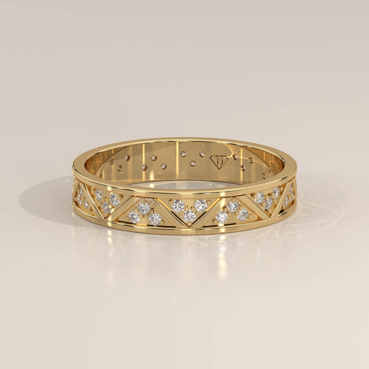 Round Lab Grown Diamond Geometric Triangle Band with Pave Clusters in yellow gold, photographed head-on.