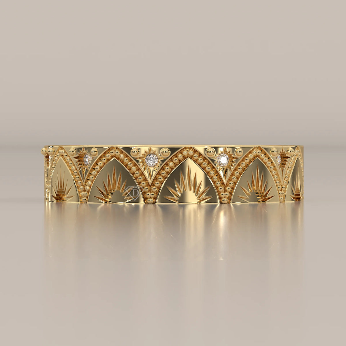 Round Lab Grown Diamond Art Deco Arch Band with Engraved Fan Rays in yellow gold, shown from the front.