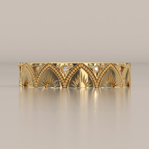 Round Lab Grown Diamond Art Deco Arch Band with Engraved Fan Rays in yellow gold, shown from the front.