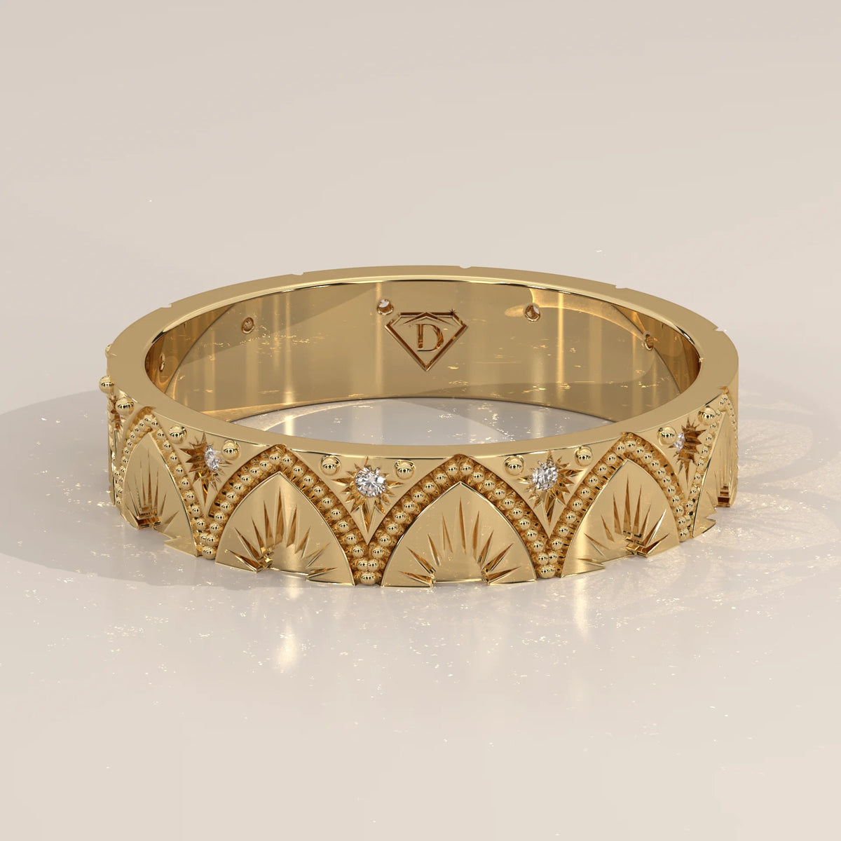 Round Lab Grown Diamond Art Deco Arch Band with Engraved Fan Rays in yellow gold, shown from the side.