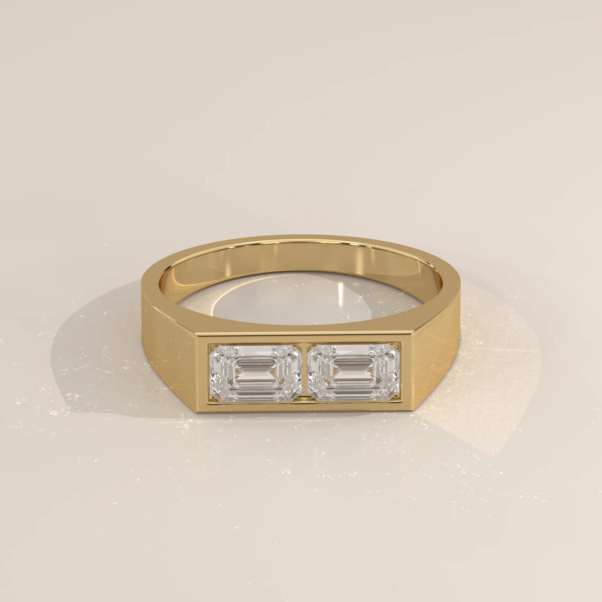 Emerald Cut Lab Grown Diamond Two Stone Signet Ring for Men in yellow gold, shown from the front.
