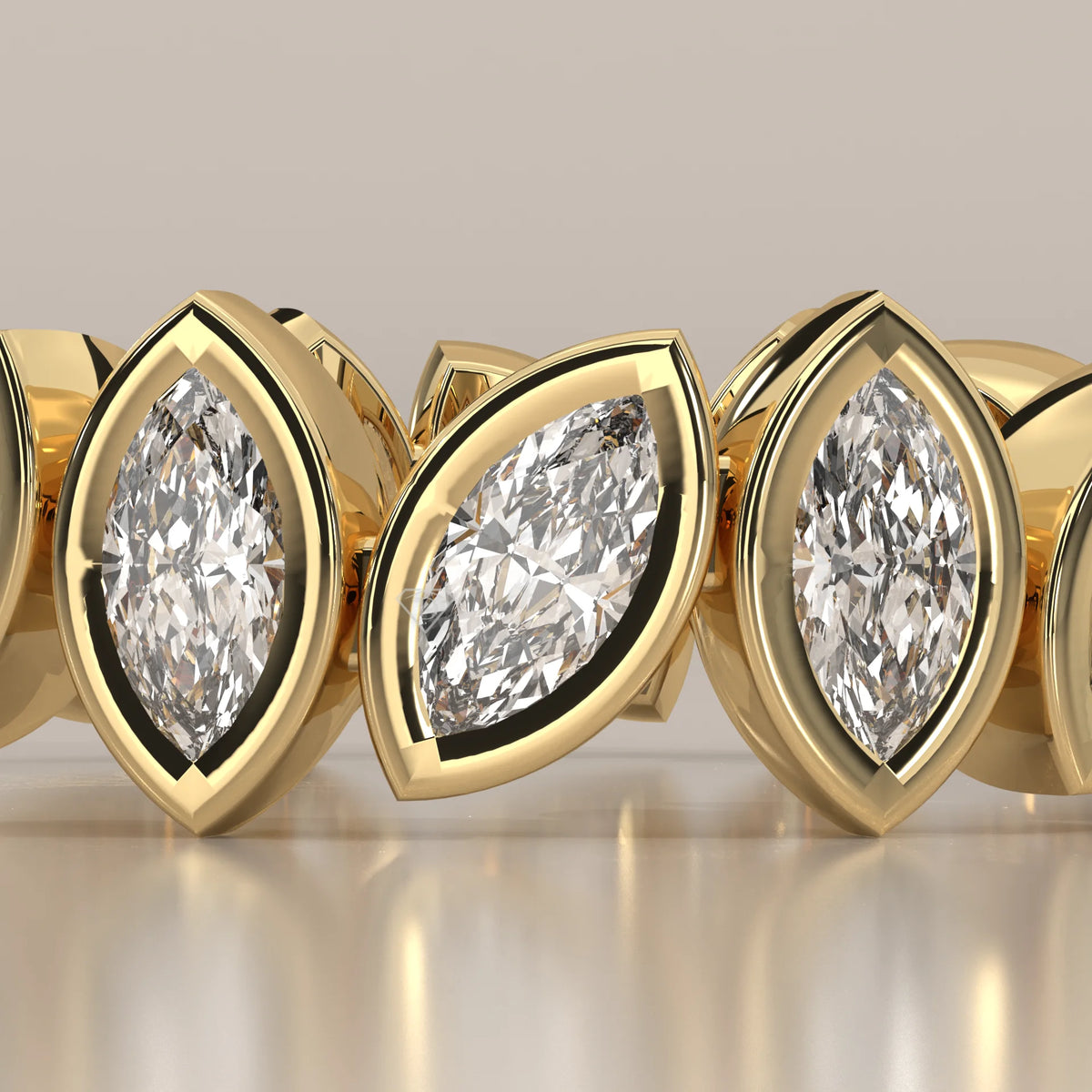 Marquise Lab Grown Diamond Bezel Set Full Eternity Band in yellow gold, shown in close-up.
