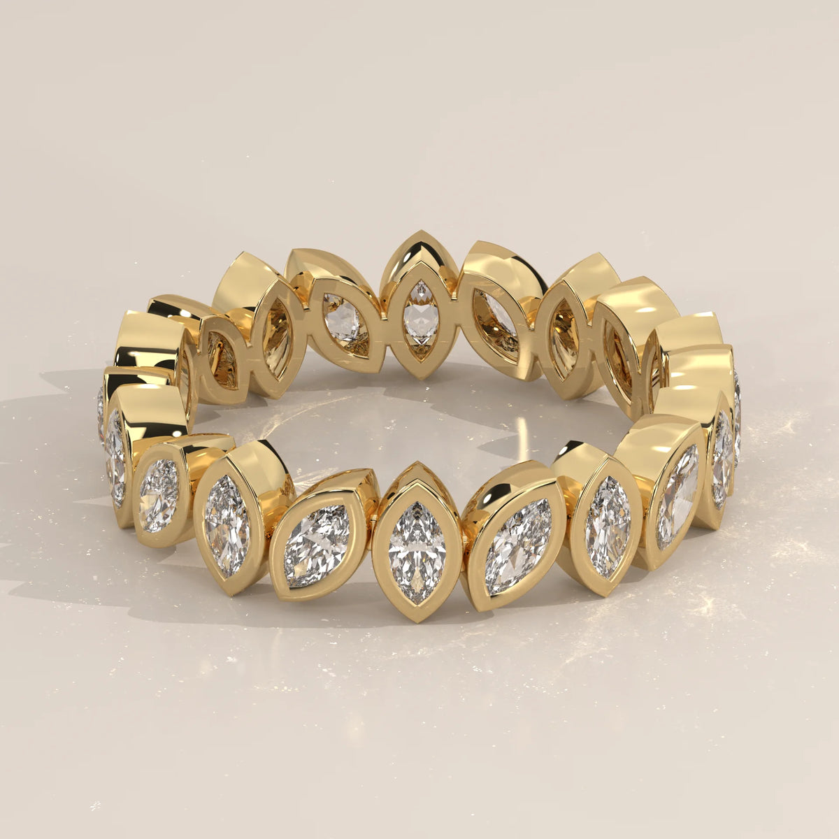 Marquise Lab Grown Diamond Bezel Set Full Eternity Band in yellow gold, shown from the front.