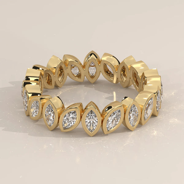 Marquise Lab Grown Diamond Bezel Set Full Eternity Band in yellow gold, shown from the front.