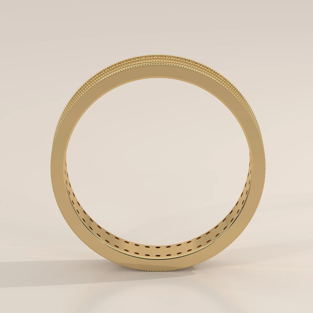 Round Lab Grown Diamond Double Row Pave Band with Milgrain Edges in yellow gold, front view on a plain background.