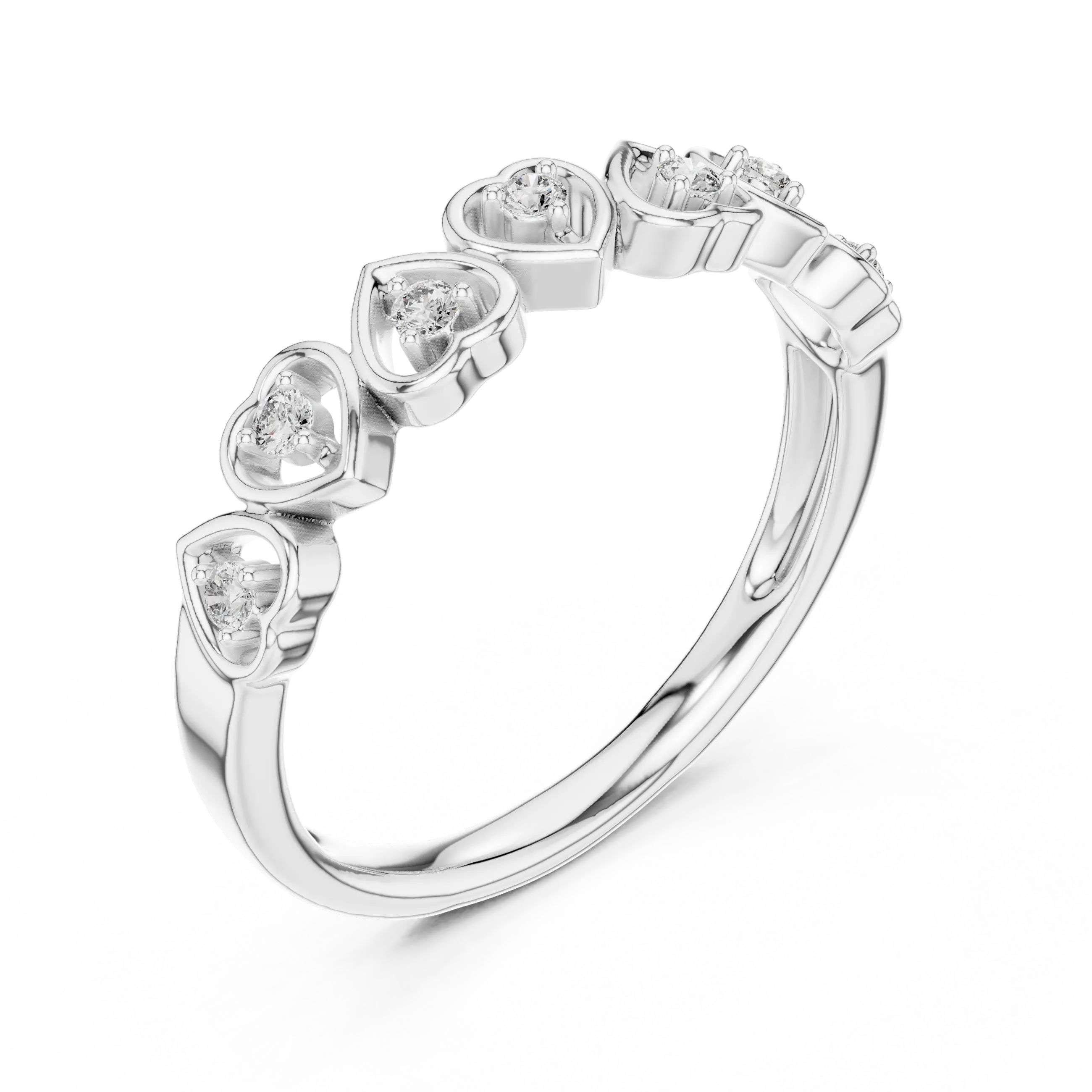 Angled view of a: Round Diamond Band Ring with Heart Motif Setting in 18K White Gold – Lab Grown – Driona Jewels
