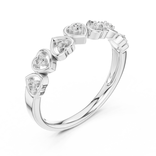 Angled view of a: Round Diamond Band Ring with Heart Motif Setting in 18K White Gold – Lab Grown – Driona Jewels
