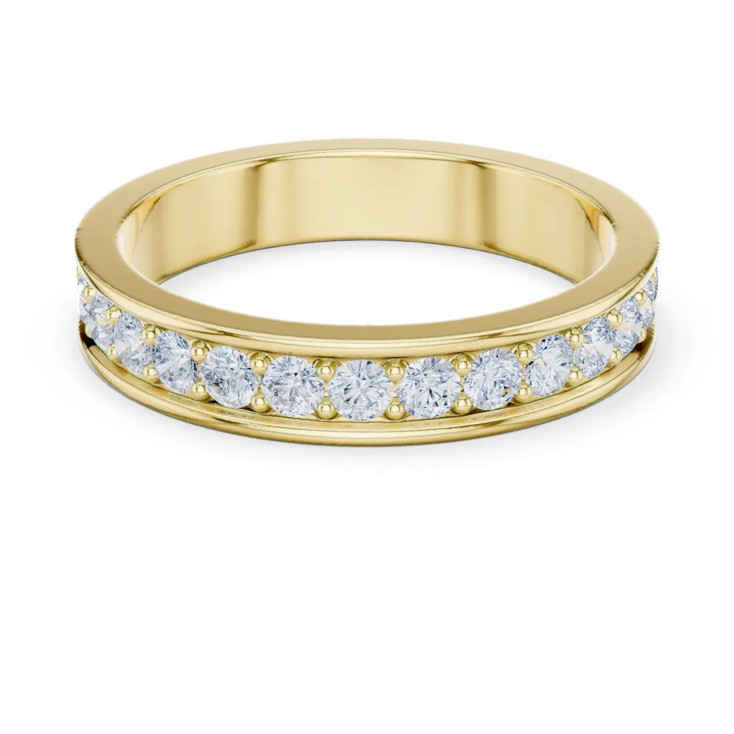 Three-quarter view: Round Diamond Band Ring with Channel Setting in 18K Yellow Gold – Lab Grown – Driona Jewels
