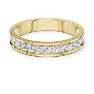 Three-quarter view: Round Diamond Band Ring with Channel Setting in 18K Yellow Gold – Lab Grown – Driona Jewels
