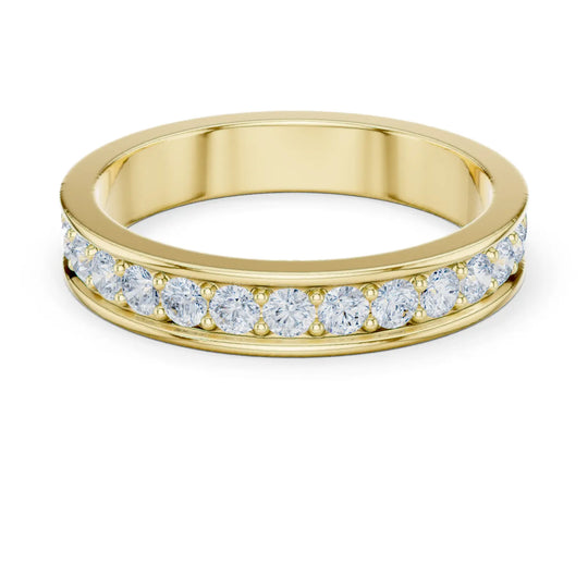 Three-quarter view: Round Diamond Band Ring with Channel Setting in 18K Yellow Gold – Lab Grown – Driona Jewels
