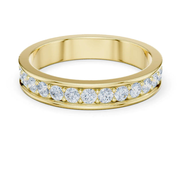 Three-quarter view: Round Diamond Band Ring with Channel Setting in 18K Yellow Gold – Lab Grown – Driona Jewels
