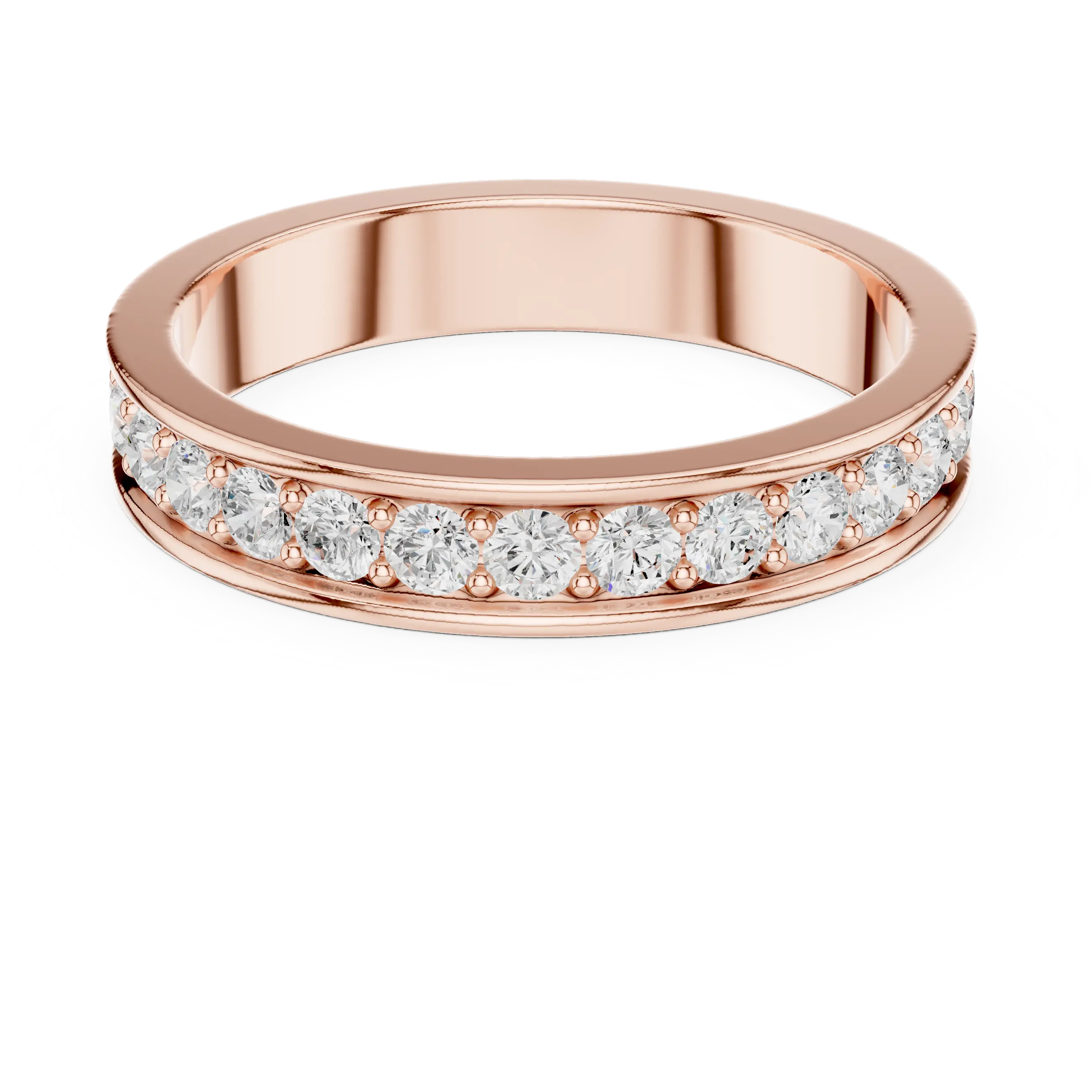 Angle View: Round Diamond Band with Shared Prong Setting in [Purity] Rose Gold – Lab Grown – Driona Jewels
