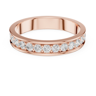 Angle View: Round Diamond Band with Shared Prong Setting in [Purity] Rose Gold – Lab Grown – Driona Jewels
