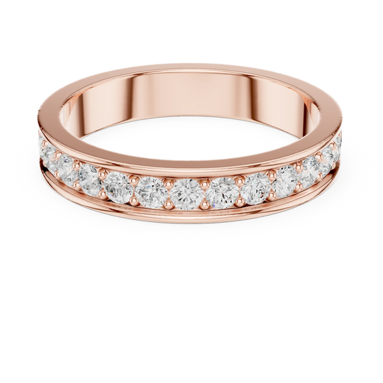Angle View: Round Diamond Band with Shared Prong Setting in [Purity] Rose Gold – Lab Grown – Driona Jewels
