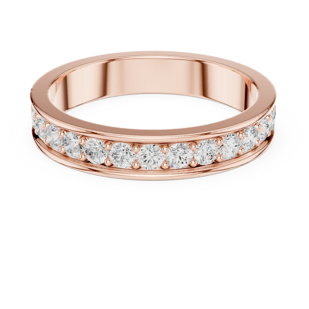 Angle View: Round Diamond Band with Shared Prong Setting in [Purity] Rose Gold – Lab Grown – Driona Jewels
