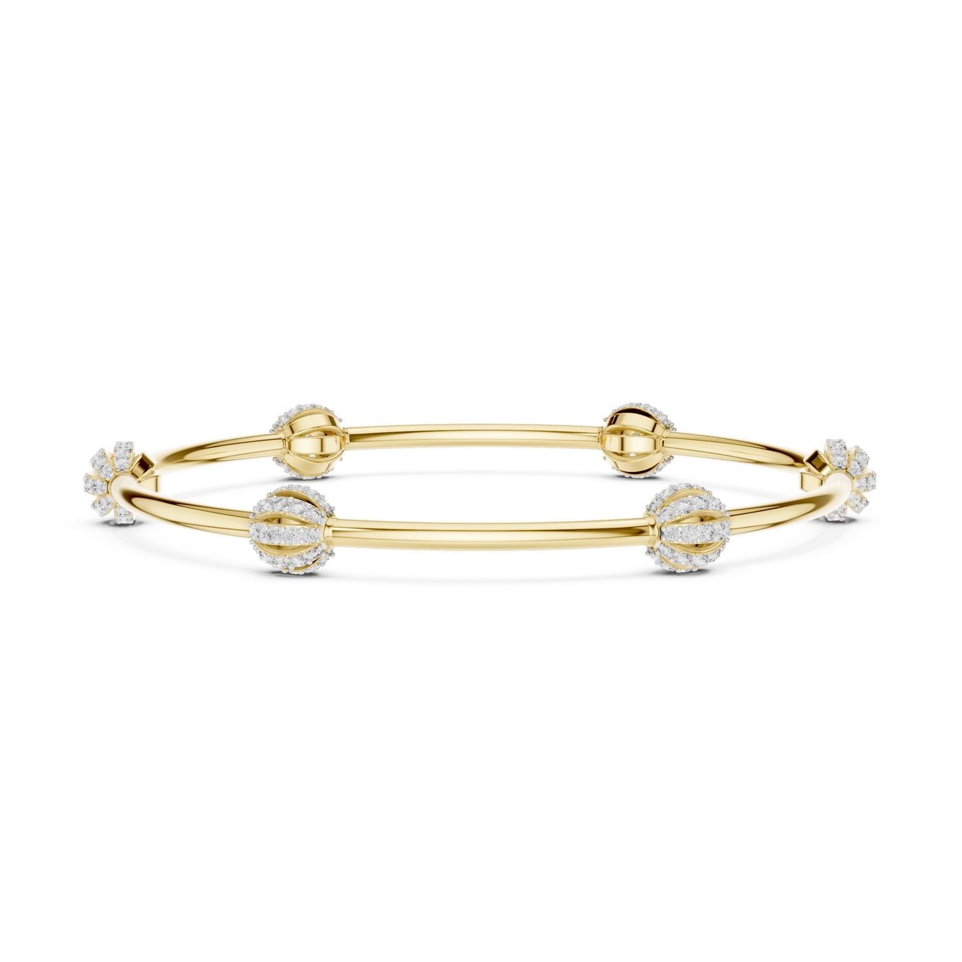Flat Lay: Round Diamond Bangle with Bezel Setting in 14k Yellow Gold - Lab Grown - Driona Jewels