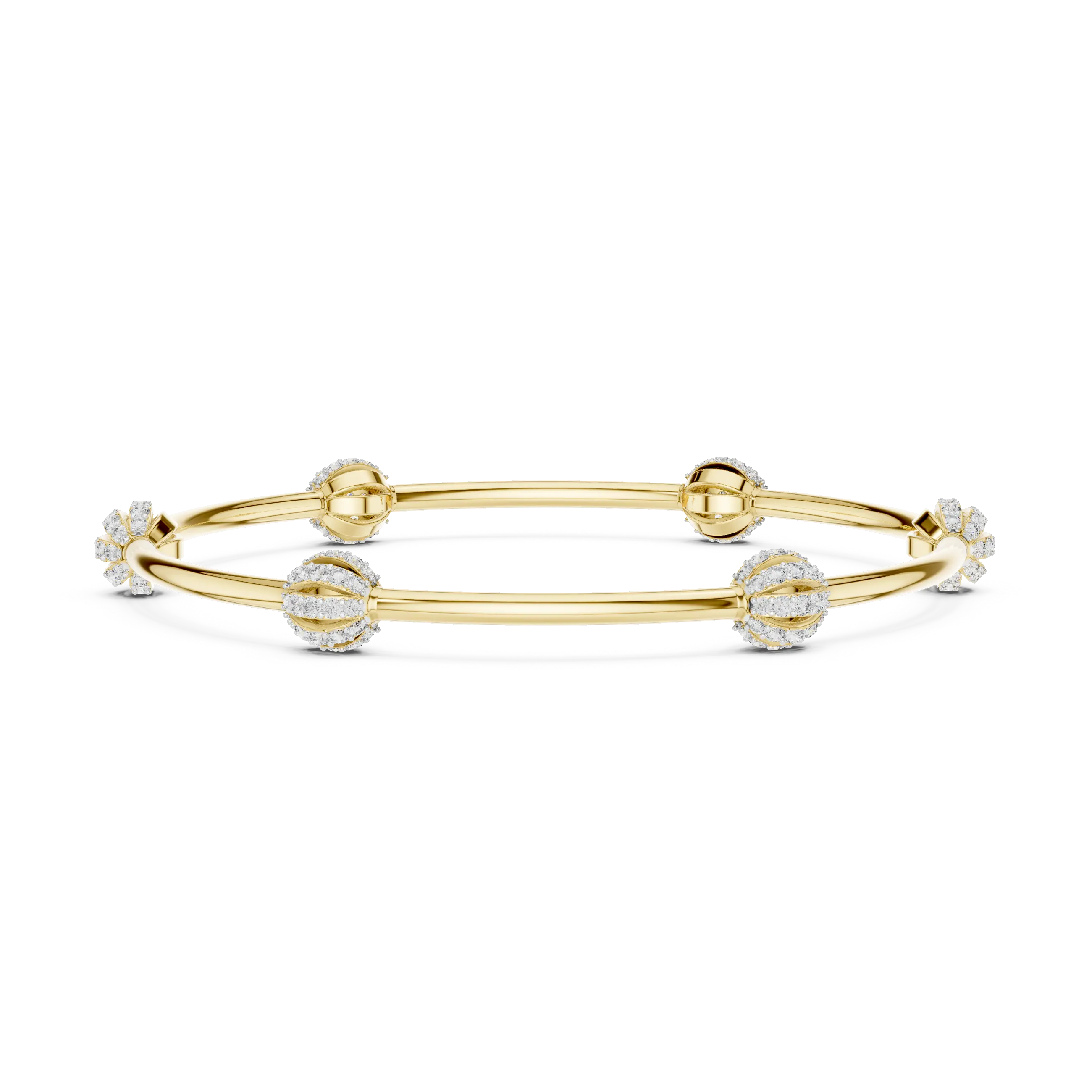 Flat Lay: Round Diamond Bangle with Bezel Setting in 14k Yellow Gold - Lab Grown - Driona Jewels
