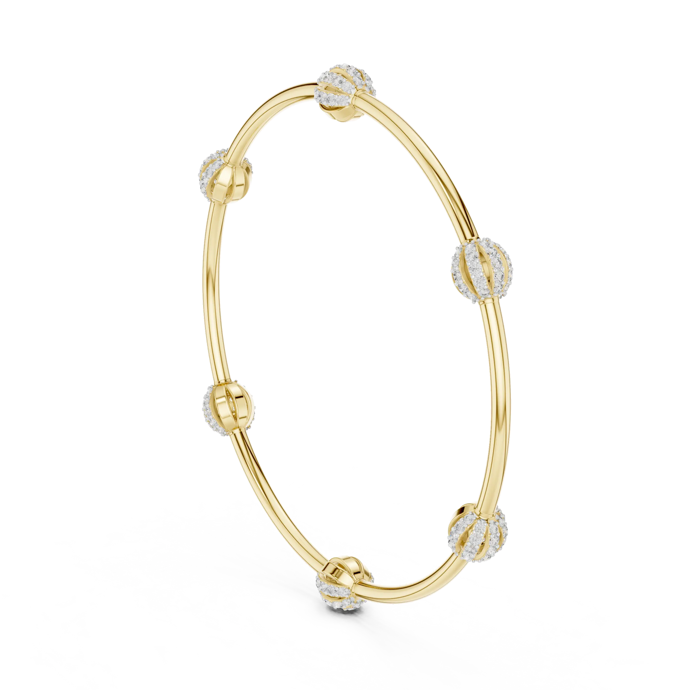 Three-quarter View: Round Diamond Bangle with Bezel Setting in 14k Yellow Gold - Lab Grown - Driona Jewels