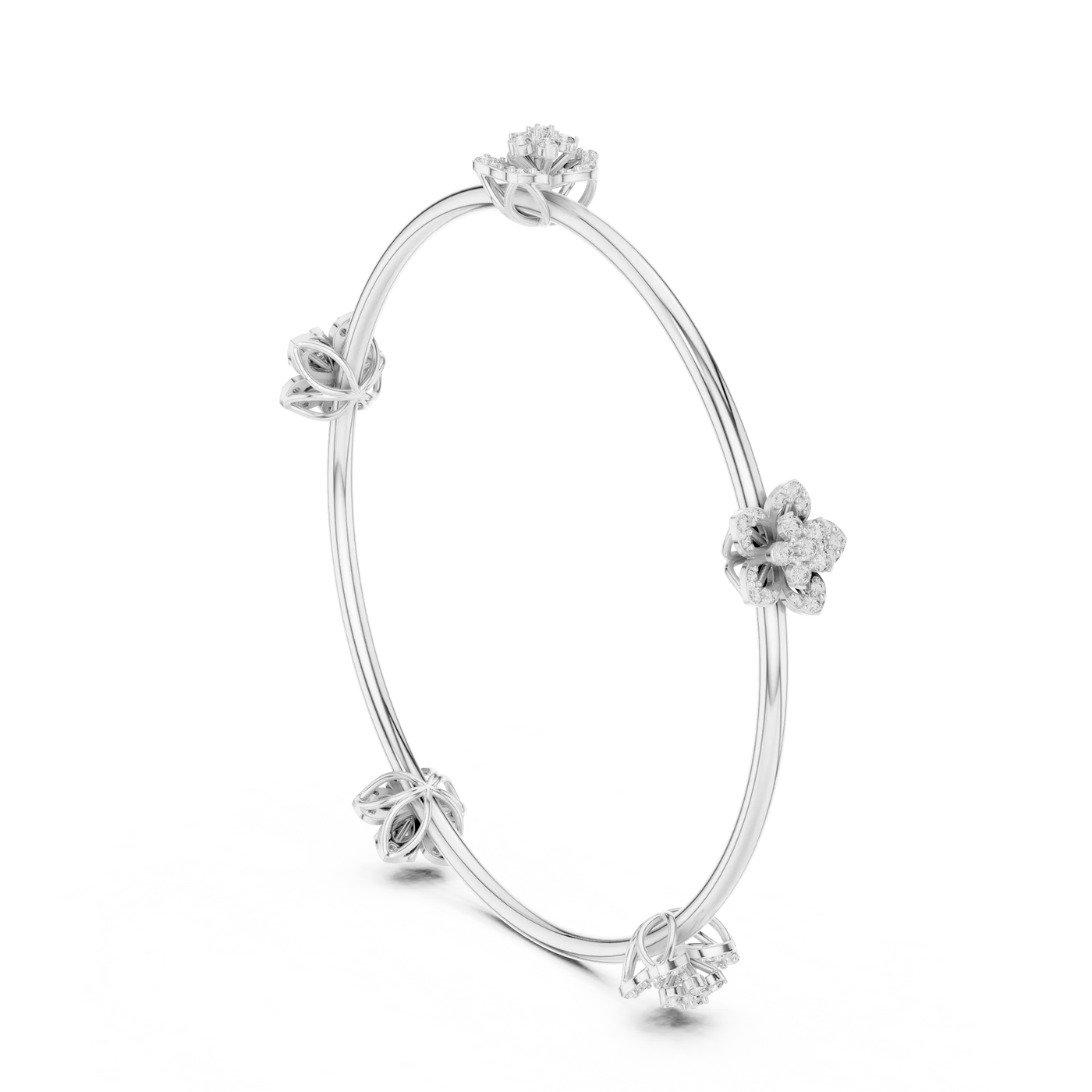 Three-quarter-view: Round Diamond Bangle with Floral Setting in 14k White Gold - Lab Grown - Driona Jewels