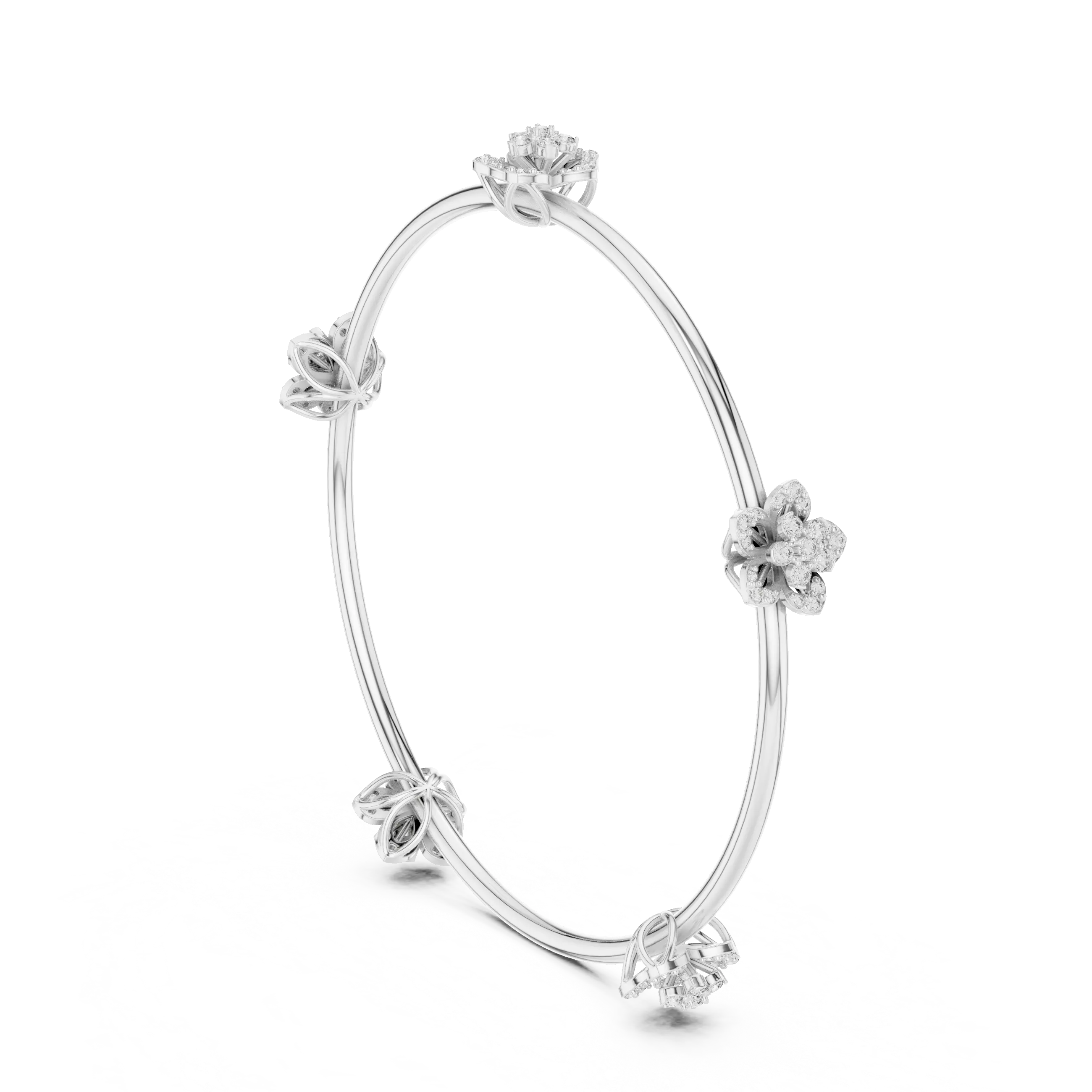 Three-quarter-view: Round Diamond Bangle with Floral Setting in 14k White Gold - Lab Grown - Driona Jewels