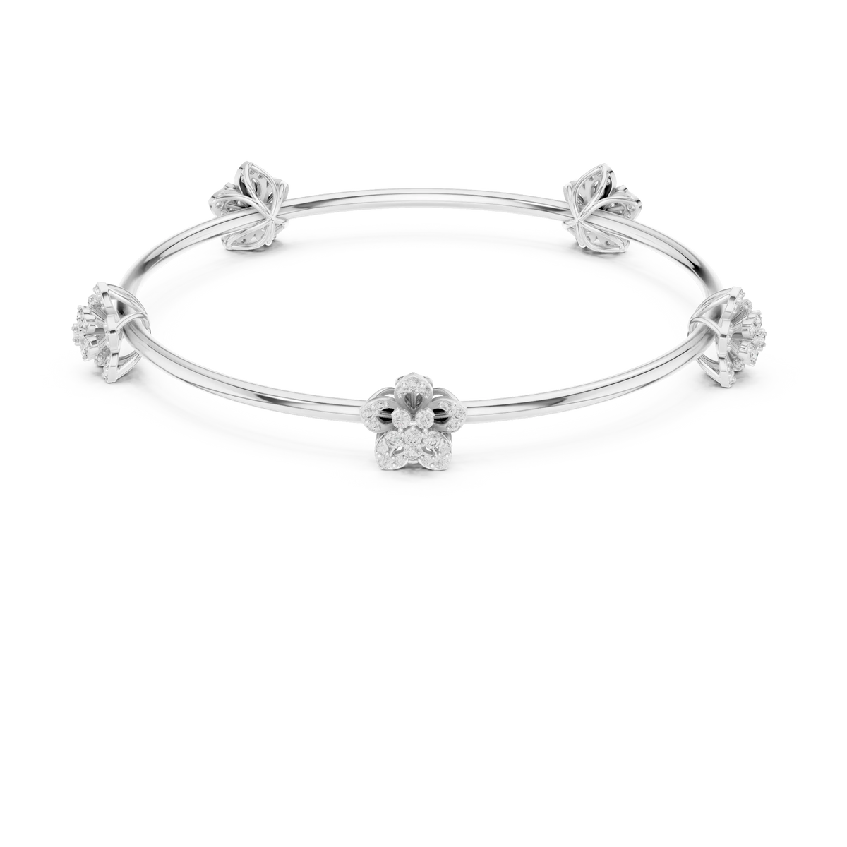 Three-quarter View: Round Diamond Bangle with Floral Setting in 14k White Gold - Lab Grown - Driona Jewels