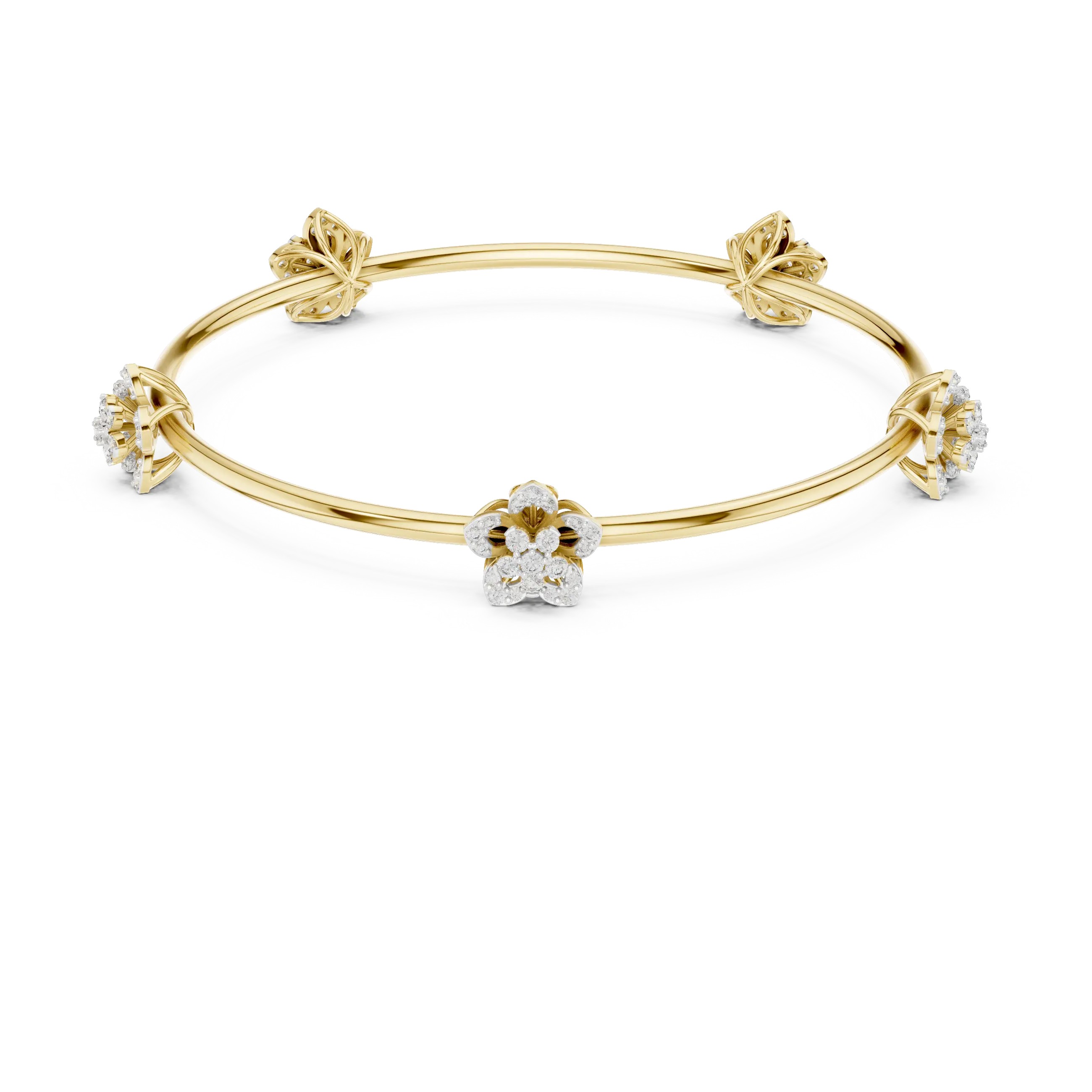 Flat Lay: Round Diamond Bangle with Floral Setting in 14k Yellow Gold - Lab Grown - Driona Jewels