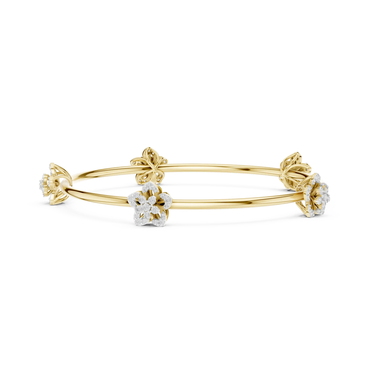 Front View: Round Diamond Bangle with Floral Setting in 14k Yellow Gold - Lab Grown - Driona Jewels