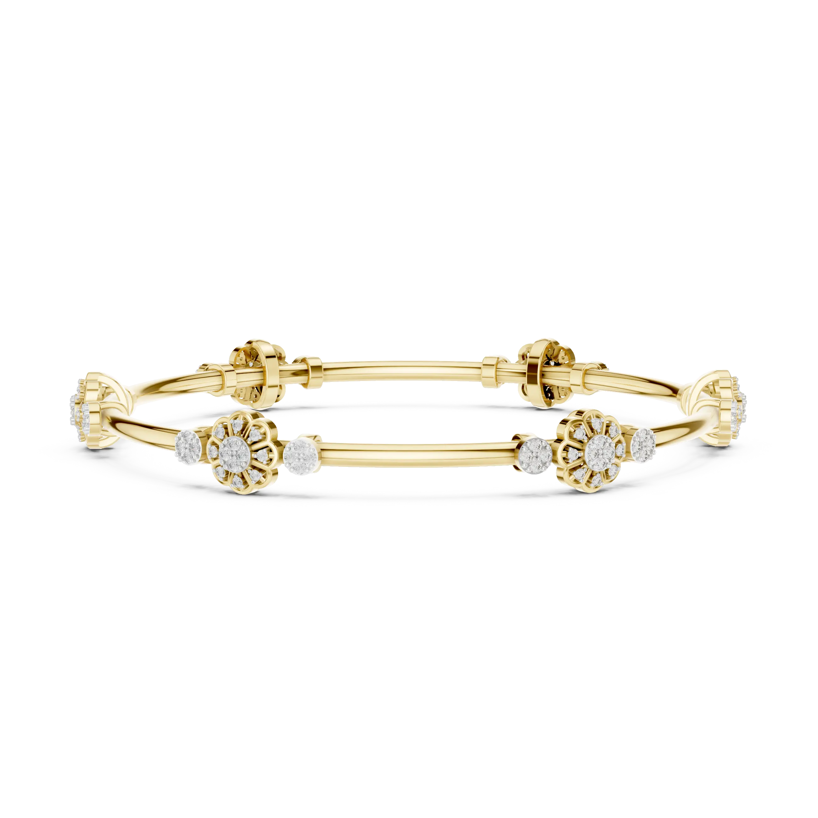 Front View: Round Diamond Bangle with Floral Setting in 14k Yellow Gold - Lab Grown - Driona Jewels