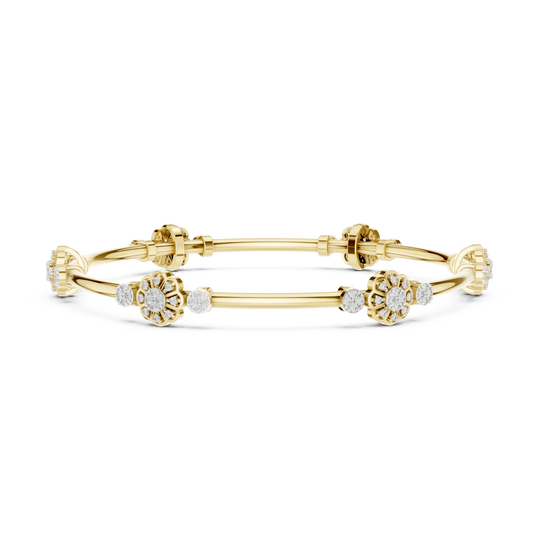 Front View: Round Diamond Bangle with Floral Setting in 14k Yellow Gold - Lab Grown - Driona Jewels