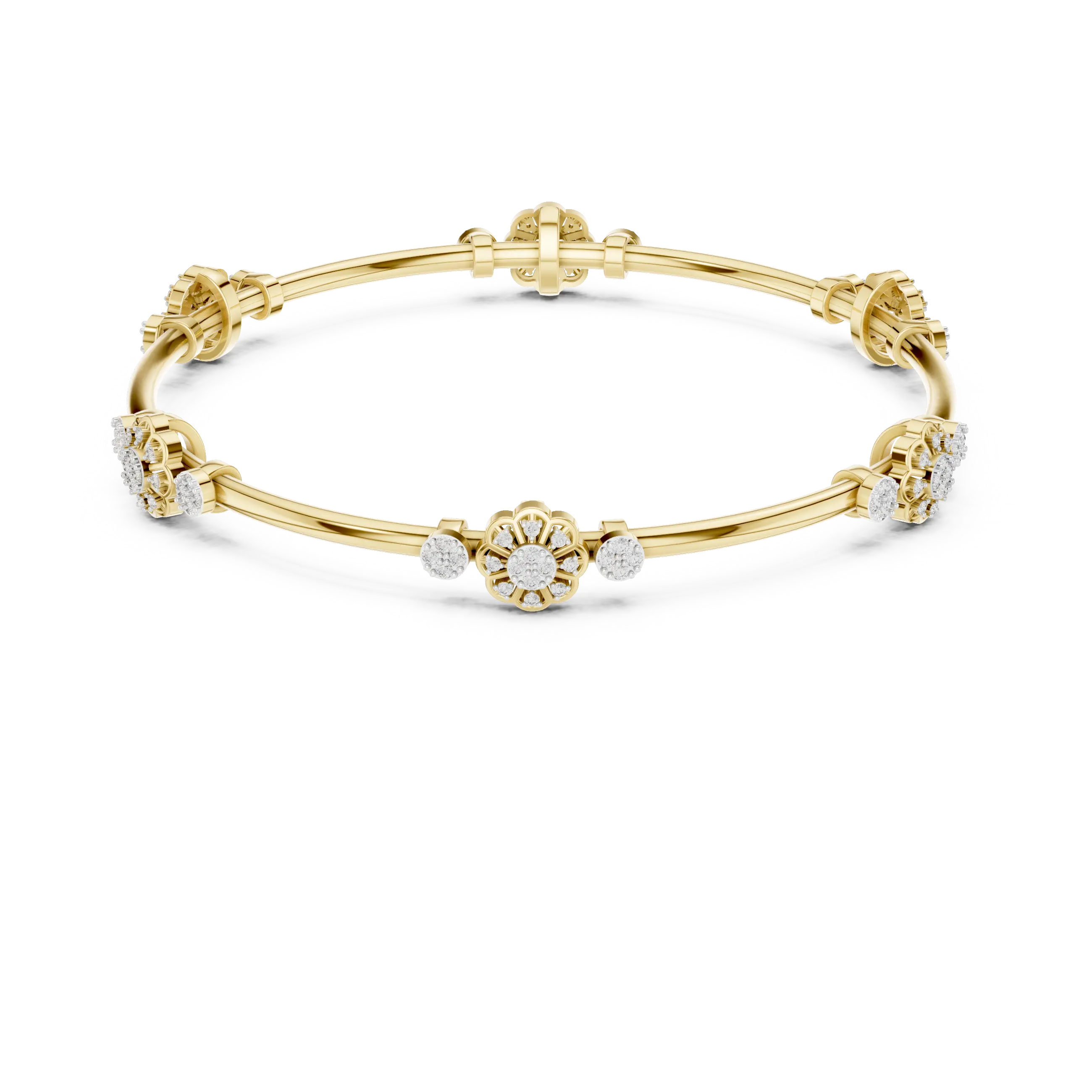 Front View: Round Diamond Bangle with Floral Setting in 14k Yellow Gold - Lab Grown - Driona Jewels