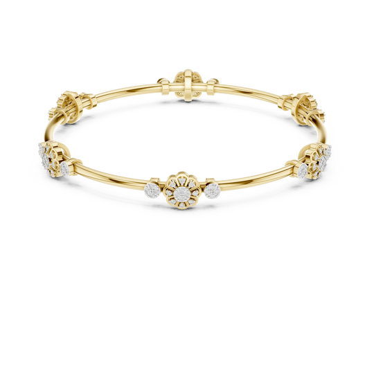 Front View: Round Diamond Bangle with Floral Setting in 14k Yellow Gold - Lab Grown - Driona Jewels