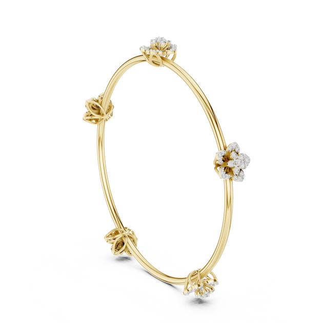 Three-quarter View: Round Diamond Bangle with Floral Setting in 14k Yellow Gold - Lab Grown - Driona Jewels