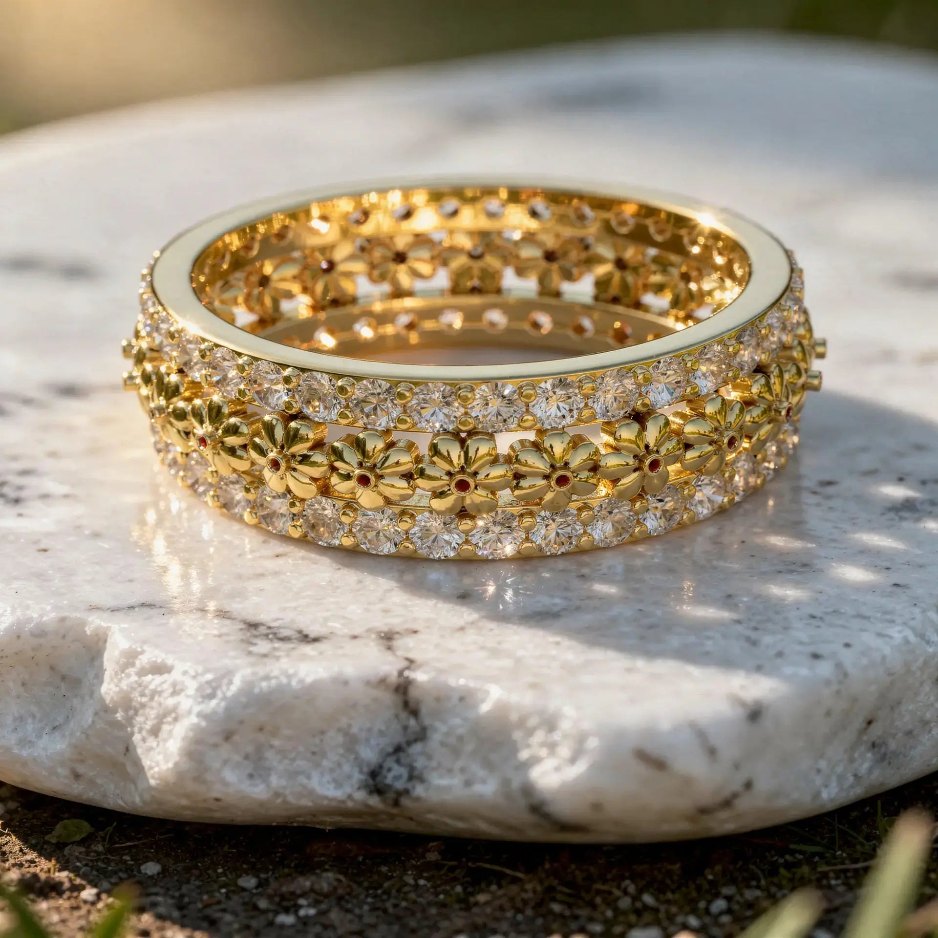 Close-up: Round Diamond Bangle with Pave Setting in 14k Gold - Lab Grown - Driona Jewels