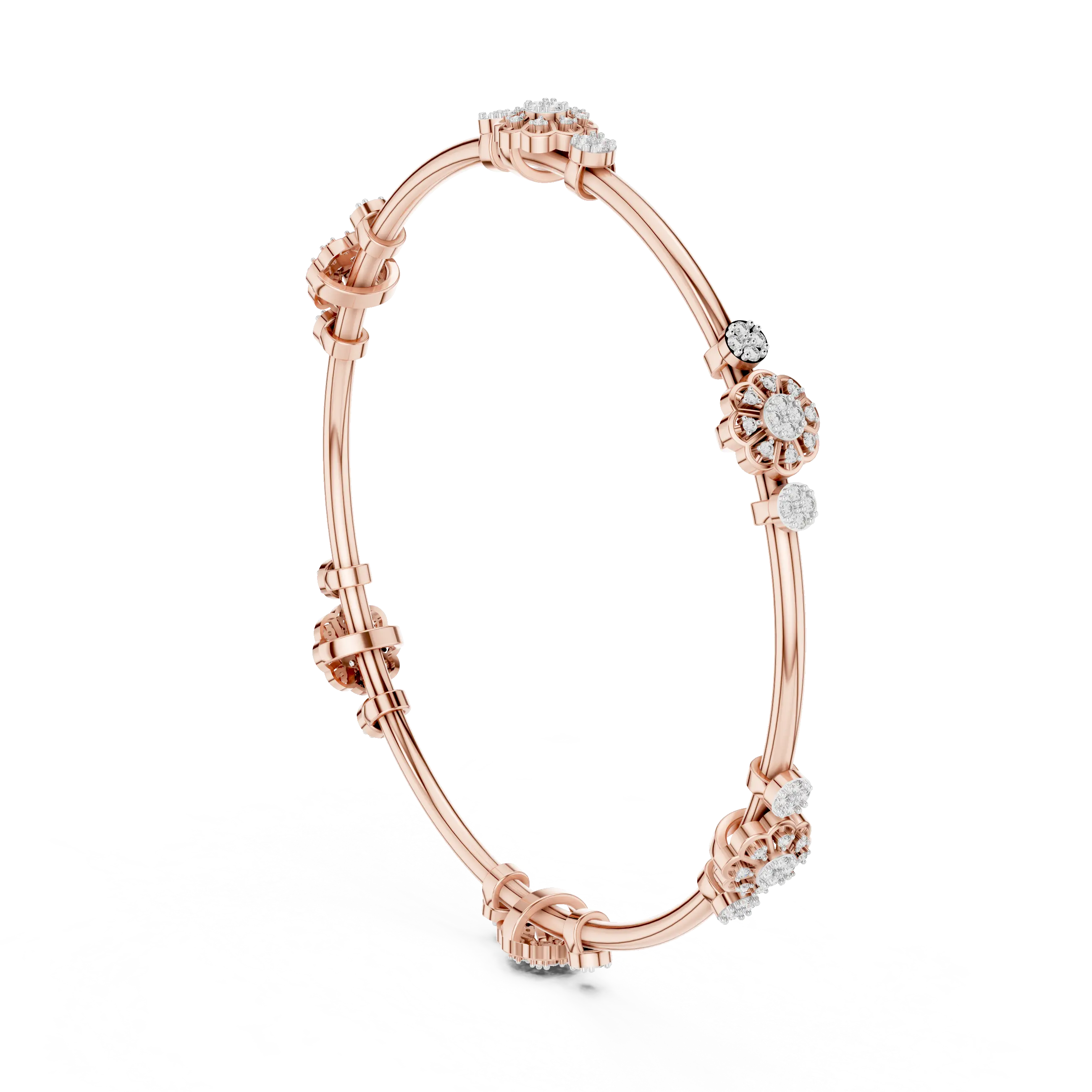 Three-quarter-view: Round Diamond Bangle with Pave Setting in 14k Rose Gold - Lab Grown - Driona Jewels